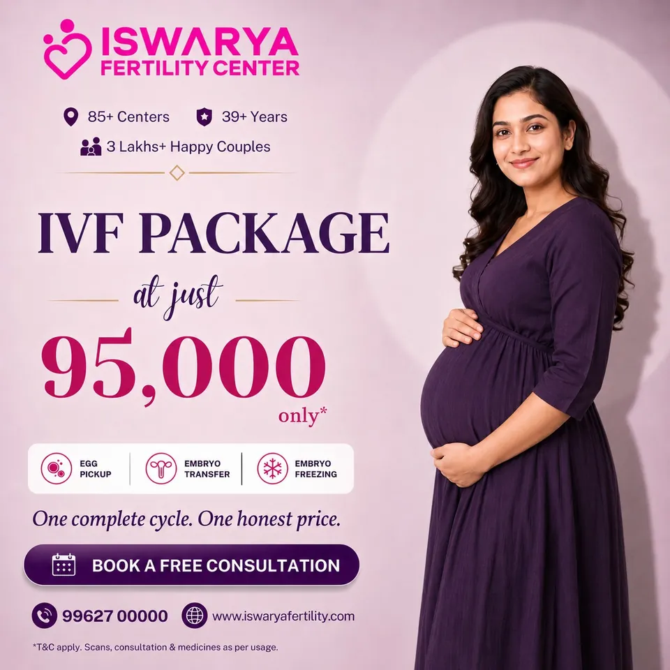 Iswarya Fertility IVF package at just ₹95,000 — egg pickup, embryo transfer, embryo freezing. One complete cycle, one honest price.